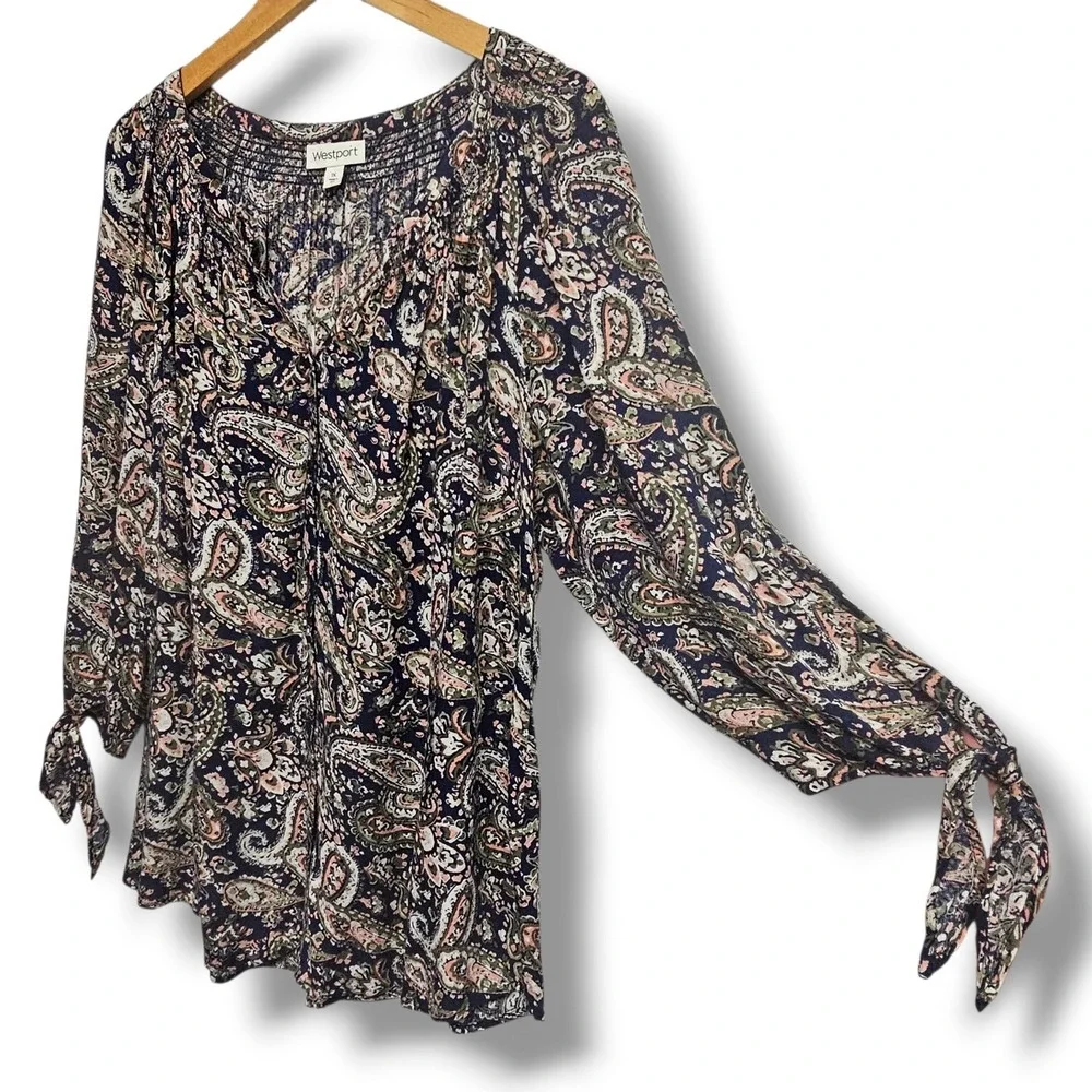 Westport Peasant Top 1X Womens Navy Paisley Smocked Tie Sleeve Button Front Boho